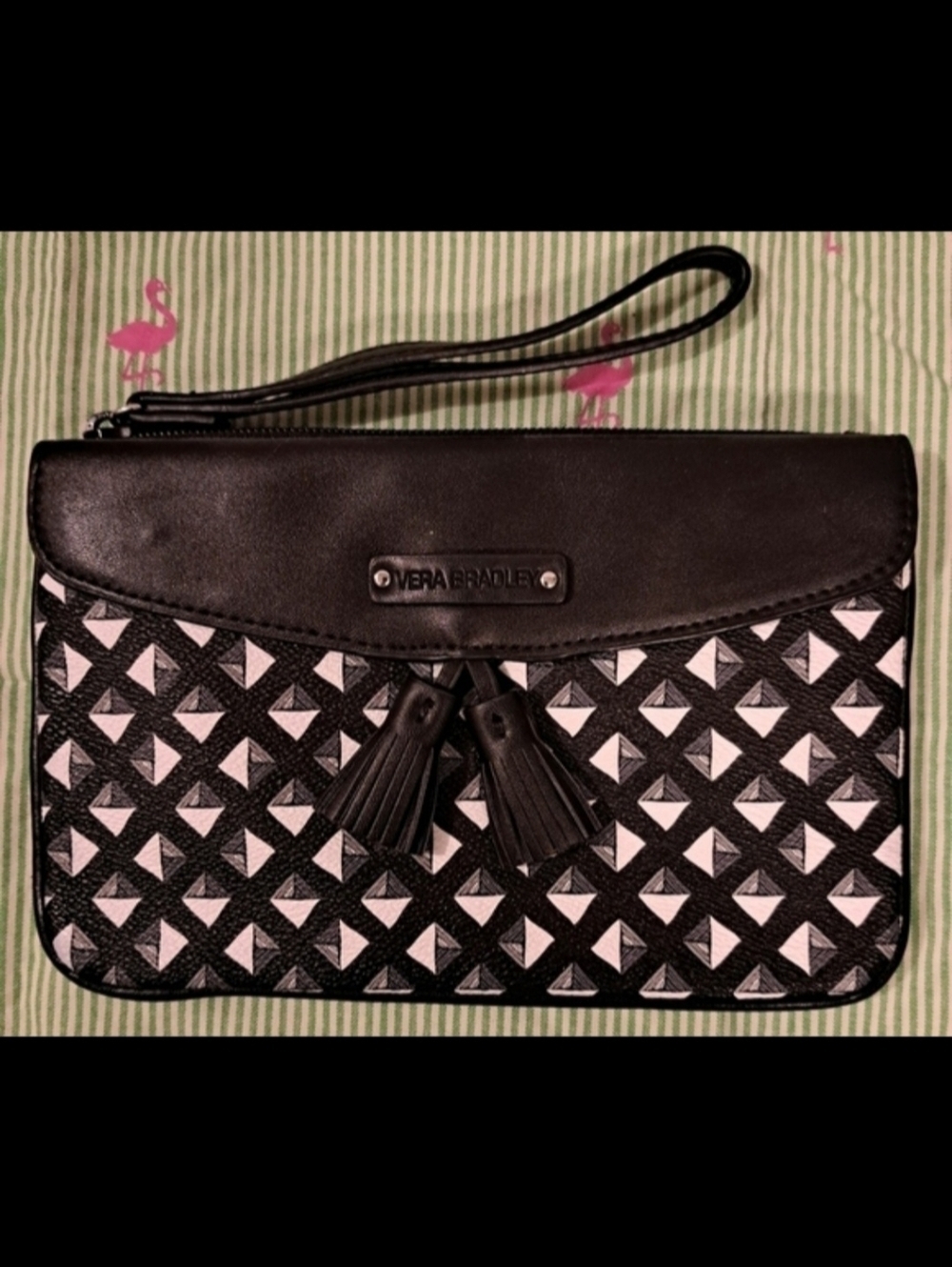 EUC Vera Bradley Black & White Leather Geometric Tassel Casual Wristlet Bag